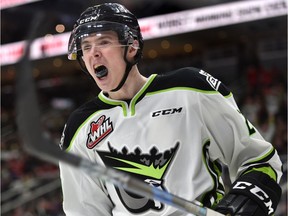 Edmonton Oil Kings David Kope celebrates scoring the tying goal against the Red Deer Rebels during WHL action at Rogers Place in Edmonton, February 10, 2018. Kope scored in a 4-2 loss at the Prince Albert Raiders on Wednesday.