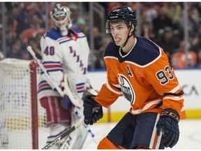 Edmonton Oilers centre Ryan Nugent-Hopkins plays his first game back from a rib injury with the New York Rangers visiting Rogers Place in Edmonton on Saturday, March 3, 2018. (Shaughn Butts)