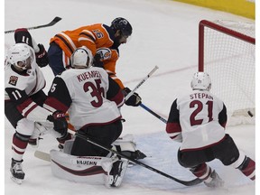 Edmonton Oilers forward Jujhar Khaira (16) scores on Arizona Coyotes goalie Darcy Kuemper (35) in Edmonton on Monday, March 5, 2018. Greg Southam