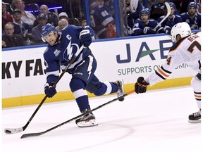 Tampa Bay Lightning center Steven Stamkos (91) fires a shot against the Edmonton Oilers on Sunday, March 18, 2018, in Tampa, Fla.