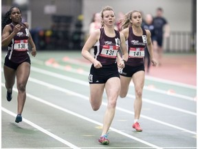m ::: PHONE: 780-868-6838 ::: CREDIT:  Robert Antoniuk / MacEwan ::: CAPTION: The MacEwan Griffins' sprinting trio of Nikita Case, Valerie Schlottke and Amanda Ntiamoah went 1-2-3 in the final of the women's 300 metre dash at the ACAC Championship at the Kinsmen Field House on Friday, March 9, 2018.