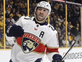 Florida Panthers centre Vincent Trocheck celebrates after scoring a goal against the Nashville Predators during the first period of an NHL hockey game Saturday, Jan. 20, 2018, in Nashville, Tenn.