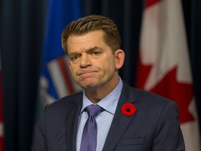 Wildrose Party leader Brian Jean speaks about the U.S. cancellation of the Keystone XL pipeline at the Alberta Legislature in Edmonton, Alta., on Friday November 6, 2015. Ian Kucerak/Edmonton Sun/Postmedia Network