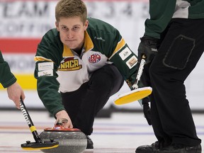 Skip Thomas Scoffin throws a rock at the 2017 Alberta Boston Pizza Cup men's curling championship in Westlock,on Wednesday February 8, 2017.