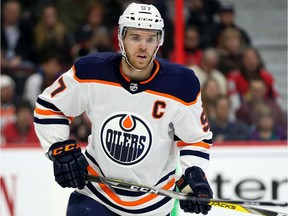 Connor McDavid reacts to a face-off in the first period as the Ottawa Senators take on the Edmonton Oilers in NHL action on March 22, 2018, at the Canadian Tire Centre in Ottawa.