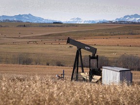 A decommissioned pumpjack is shown at a well head on an oil and gas installation near Cremona, Alta.
