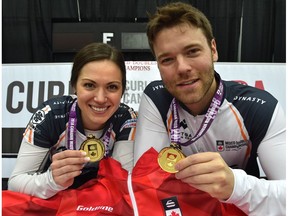 Laura Crocker and Kirk Muyres hold up their gold medals after defeating Team Kadriana Sahaidak and Colton Lott 8-7 in the gold-medal final of last year's Canadian Mixed Doubles Curling Championship at the Leduc Recreation Centre. The community is becoming quite the curling destination, with a pair of championship events now scheduled for this winter.