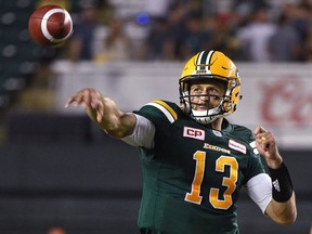 Edmonton Eskimos quarterback Mike Reilly throws a pass against the Ottawa Redblacks during CFL action on July 14, 2017. at Commonwealth Stadium in Edmonton.