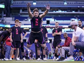 Wyoming quarterback Josh Allen competes in the broad jump during the NFL Combine last month. (GETTY IMAGES)