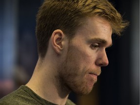 Connor McDavid speaks to the media at Rogers Place following the conclusion of the Edmonton Oilers' 2017/2018 NHL season, in Edmonton Sunday April 8, 2018.