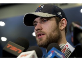 Leon Draisaitl speaks to the media at Rogers Place following the conclusion of the Edmonton Oilers' 2017/2018 NHL season, in Edmonton Sunday April 8, 2018. Photo by David Bloom