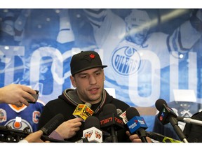 Milan Lucic speaks to the media at Rogers Place following the conclusion of the Edmonton Oilers 2017/2018 NHL season, in Edmonton Sunday April 8, 2018.