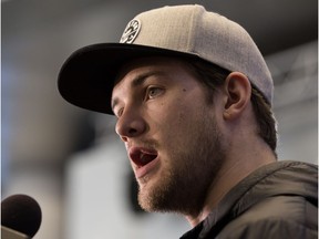 Oscar Klefbom speaks to the media at Rogers Place following the conclusion of the Edmonton Oilers' 2017/2018 NHL season, in Edmonton Sunday April 8, 2018.
