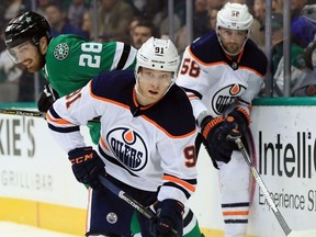 Edmonton Oilers forward Drake Caggiula against the Dallas Stars at American Airlines Center on Jan. 6, 2018, in Dallas.