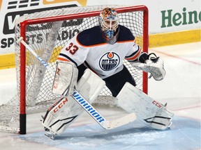 Goaltender Cam Talbot of the Edmonton Oilers warms up prior to the game against the Florida Panthers at the BB&T Center on March 17, 2018 in Sunrise, Florida.