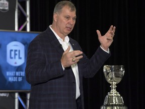 CFL commissioner Randy Ambrosie speaks with the media during his State of the League address in Ottawa on Nov. 24, 2017