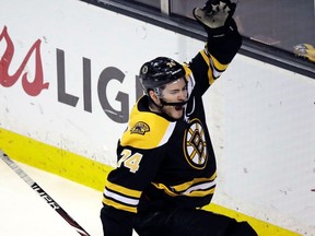 Boston Bruins left-wing Jake DeBrusk celebrates after his goal on Toronto Maple Leafs goaltender Frederik Andersen during the first period of Game 7 of an NHL first-round playoff series in Boston,  April 25, 2018.