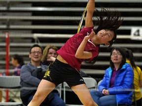 Joanna Xu competes in the Yonex Alberta Junior Badminton Championships held at Olds College from April 13-15, 2018. The provincial badminton tournament had 248 athletes competing in 639 matches over the three days of competition. (PHOTO BY LARRY WONG/POSTMEDIA)