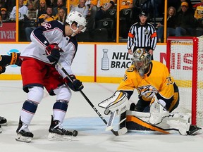 Pekka Rinne tends goal against the Columbus Blue Jackets on April 7.