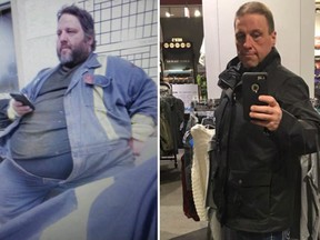 Tony Bussey is shown in this before and after photo that shows his weight loss in this handout combination photo. A Fort McMurray man is crediting the wildfire that devastated his Alberta city with saving his life by finally motivating him to lose more than half his body weight.Forty-three-year-old Tony Bussey, who works in the tire shop at Suncor's oilsands plant, weighed 567 pounds when the fires surrounded his workplace in 2016.