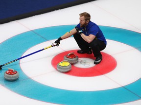 Niklas Edin of Sweden competes in the curling men's semifinal against Switzerland on Day 13 of the Pyeongchang Olympics at Gangneung Curling Centre on February 22, 2018