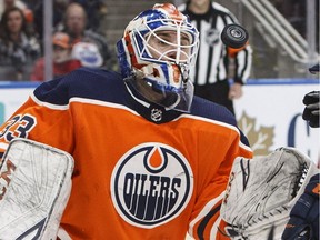 Edmonton Oilers goalie Cam Talbot makes the save against the New York Islanders during NHL action in Edmonton on March 8, 2018.