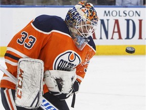 Edmonton Oilers goalie Cam Talbot makes the save against the Nashville Predators during NHL action in Edmonton on March 1, 2018.