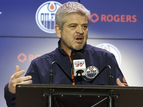 Edmonton Oilers head coach Todd McLellan speaks about the team's 2017-18 season during a year end press conference at Rogers Place in Edmonton, on April 9, 2018.