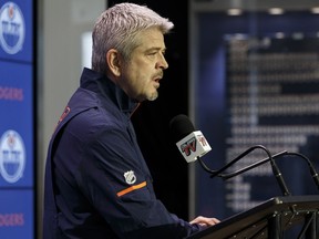 Edmonton Oilers head coach Todd McLellan speaks about the team's 2017-18 season during a year end press conference at Rogers Place on April 9, 2018.