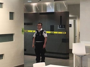 Authorities have cordoned off the women's washroom in the CORE Shopping Centre in downtown Calgary on April 30. Photo by Gavin Young/Postmedia News