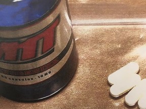 A photo of a bottle of Methyl-1-testosterone, or M1T, entered into evidence during the trial of Det. Greg Lewis at Court of Queen's Bench in Edmonton on Jan. 17, 2018.