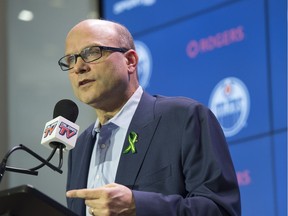 Peter Chiarelli, the Edmonton Oilers President of hockey operations and General Manager, spoke with media at Rogers Place on April 11, 2018.