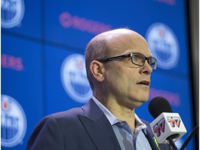 Peter Chiarelli, the Edmonton Oilers president of hockey operations and general manager, speaks with media at Rogers Place on April 11, 2018.