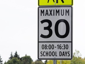 A school zone speed limit near 106 Street and 60A Ave., in Edmonton Alta. on Monday Sept. 7, 2015. David Bloom/Edmonton Sun/Postmedia Network