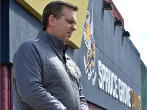Spruce Grove Saints vice-president Marc Kronewitt talks to the media on April 9, 2018, outside Grant Fuhr Arena in Spruce Grove, about goalie Parker Tobin and Conner Lukan, who both once played for the team, who were two of 15 people killed in last week's Humboldt Broncos bus crash in central Saskatchewan.