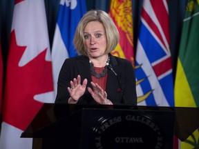 Alberta Premier Rachel Notley speaks speaks during a press conference to discuss her meeting with Prime Minister Justin Trudeau and B.C. Premier John Horgan on the deadlock over Kinder Morgan's Trans Mountain pipeline expansion, on Parliament Hill in Ottawa on Sunday, April 15, 2018.