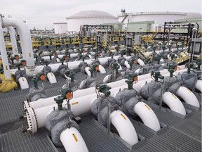 Pipes are seen at the Kinder Morgan Trans Mountain facility in Edmonton, Thursday, April 6, 2017. (THE CANADIAN PRESS/Jonathan Hayward)