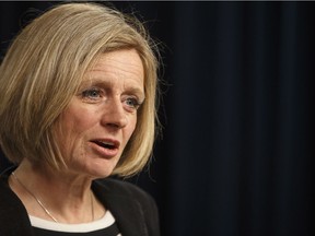 Alberta Premier Rachel Notley gives a statement about the recent status on the Kinder Morgan pipeline expansion, in Edmonton Alta, on Sunday, April 8, 2018.