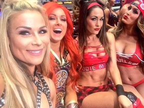 Natalya Neidhart, Becky Lynch and the Bella twins at WrestleMania 32