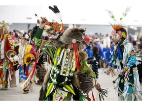 Dancers take part in the 36th Annual Ben Calf Robe Annual Traditional Pow Wow at the Commonwealth Community Recreation Centre, in Edmonton Saturday May 12, 2018. Photo by David Bloom