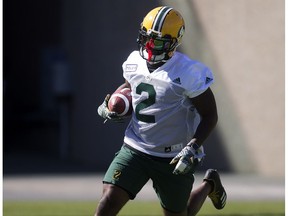 CJ Gable (2) takes part in the opening day of the Edmonton Eskimos' training camp at Commonwealth Stadium, in Edmonton Sunday May 20, 2018.
