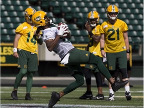 Derel Walker (87) makes a catch during the second day of the Edmonton Eskimos' training camp at Commonwealth Stadium, in Edmonton Monday May 21, 2018.