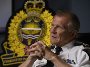 Edmonton Police Service Chief Rod Knecht speaks to the media at the EPS headquarters, in Edmonton Tuesday May 29, 2018.
