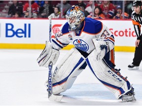 Cam Talbot of the Edmonton Oilers gets into position during the NHL game against the Montreal Canadiens at the Bell Centre on February 5, 2017 in Montreal.