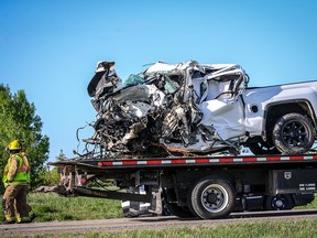 The wreckage of a pickup truck that collided with a semi-truck on Highway 22X early Tuesday morning, May 22.