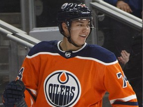 Edmonton Oilers defenceman Ethan Bear celebrates his first NHL goal against the Anaheim Ducks during third period NHL action in Edmonton on March 25, 2018.