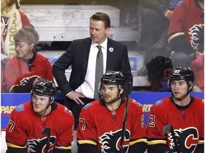 Calgary Flames head coach Glen Gulutzan looks on during NHL action against the Vegas Golden Knights in Calgary, Saturday, April 7, 2018. Gulutzan, along with Trent Yawney and Manny Viveiros have been hired as assistant coaches by the Edmonton Oilers.
