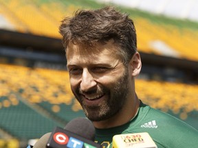 Quarterback Mike Reilly speaks with the media during Edmonton Eskimos training camp at Commonwealth Stadium in Edmonton, on Tuesday, May 29, 2018.