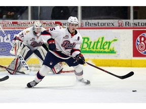 Regina Pats defenceman Josh Mahura plays against the Prince Albert Raiders on Jan. 1, 2018.