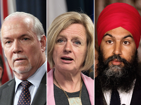 B.C. Premier John Horgan, Alberta Premier Rachel Notley and federal NDP Leader Jagmeet Singh.